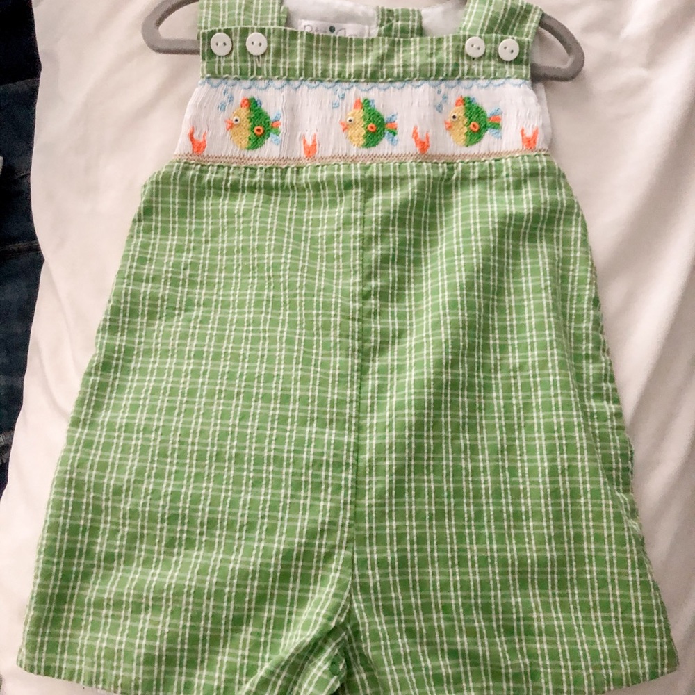 Petit Ami Boys Smocked Fish Shortalls